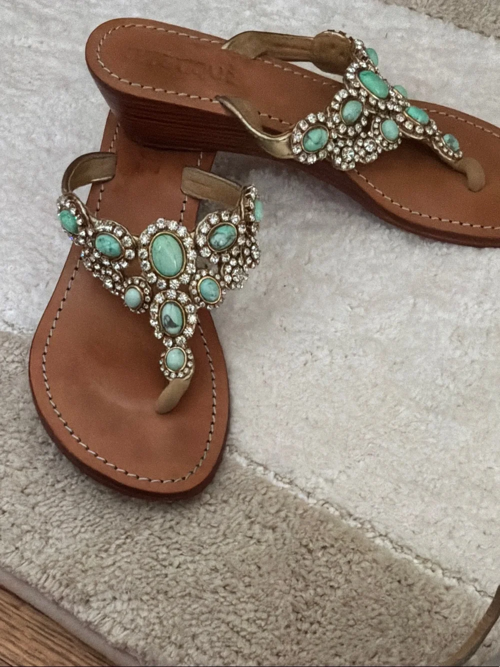 Mystique Gold-Tone Sandals with Mint Gem Accents